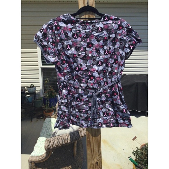 White cross m medium grey scrubs top womens nurse medical pink ribbon komen - Picture 2 of 13